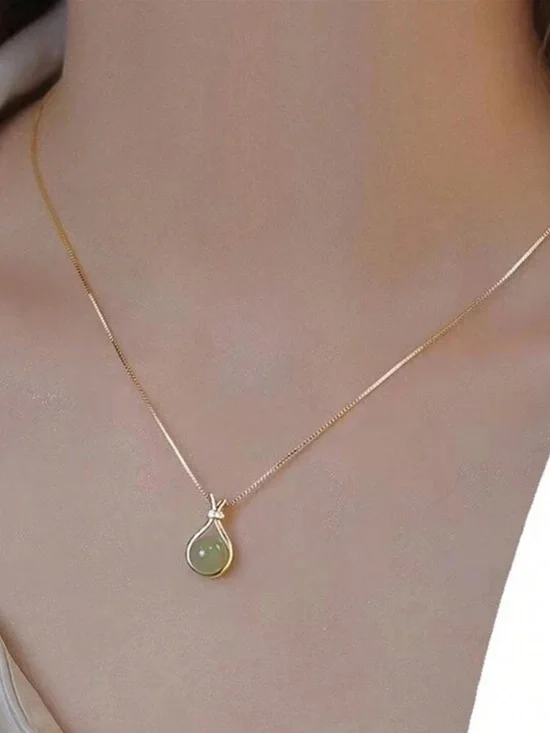 Gold Jade Pendant Necklace with Clear Crystal Accent - Green R 430 - Picture 1 of 5